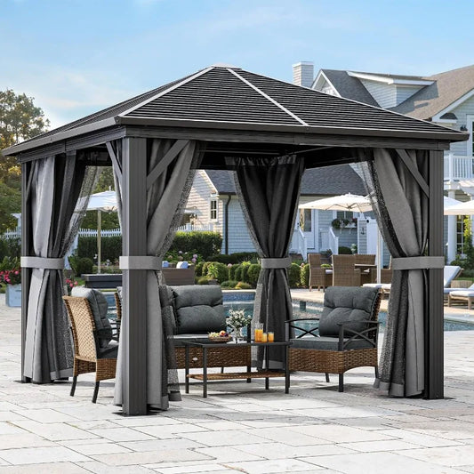 10x10ft Hardtop Gazebo with Nettings and Curtains Heavy Duty Galvanized Steel